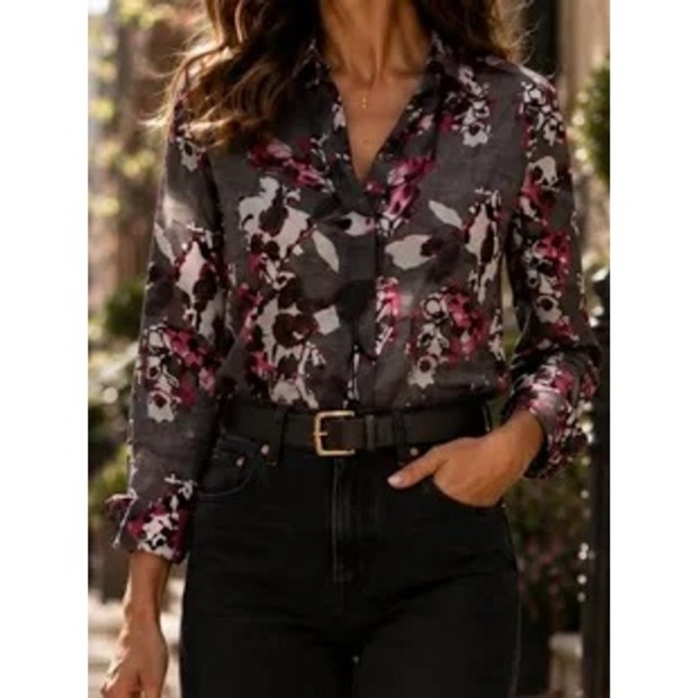 Karl Lagerfeld for Impulse Floral Sheer Long Sleeve Button Up Shirt Women M Grey
